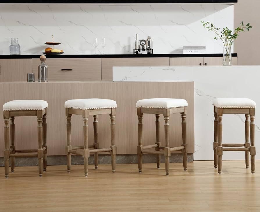 Set of4 -26 inch linen bar stools, with nail head ornaments, wooden stool for kitchen, bistro island