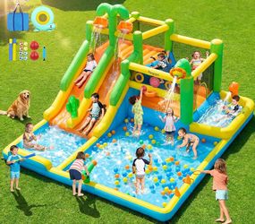 Inflatable Bounce House Double Water Slide, Water Bounce House for Big Kids with Splash Pool, Jumping, Climbing Wall, Bouncy Castle with 750W Blower f