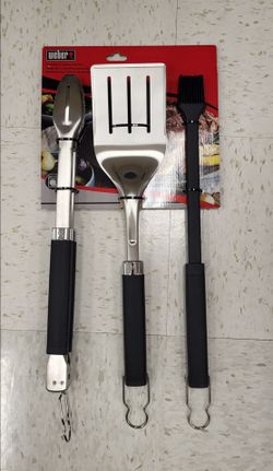 HEY NOW! NEW WEBER 3 PIECE GRILL SET SPATULA TONGS BRUSH BBQ