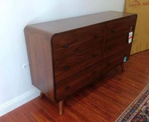 New Mid Century Dresser with Rounded Corners.  Pine Wood / Walnut Finish.  (190 lbs).  Free Delivery!