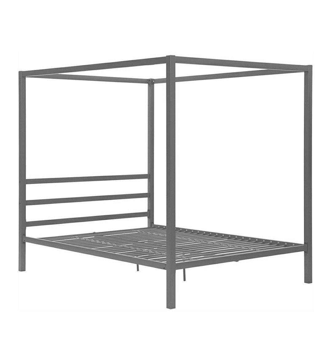 Modern Canopy Bed Frame, Classic Design, Queen Size, Grey