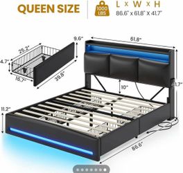 Queen Bed Frame with Storage Headboard and Charging Station, Leather Upholstered Bed Frame Queen Size with 4 Drawers and LED Lights, Type C and USB, N
