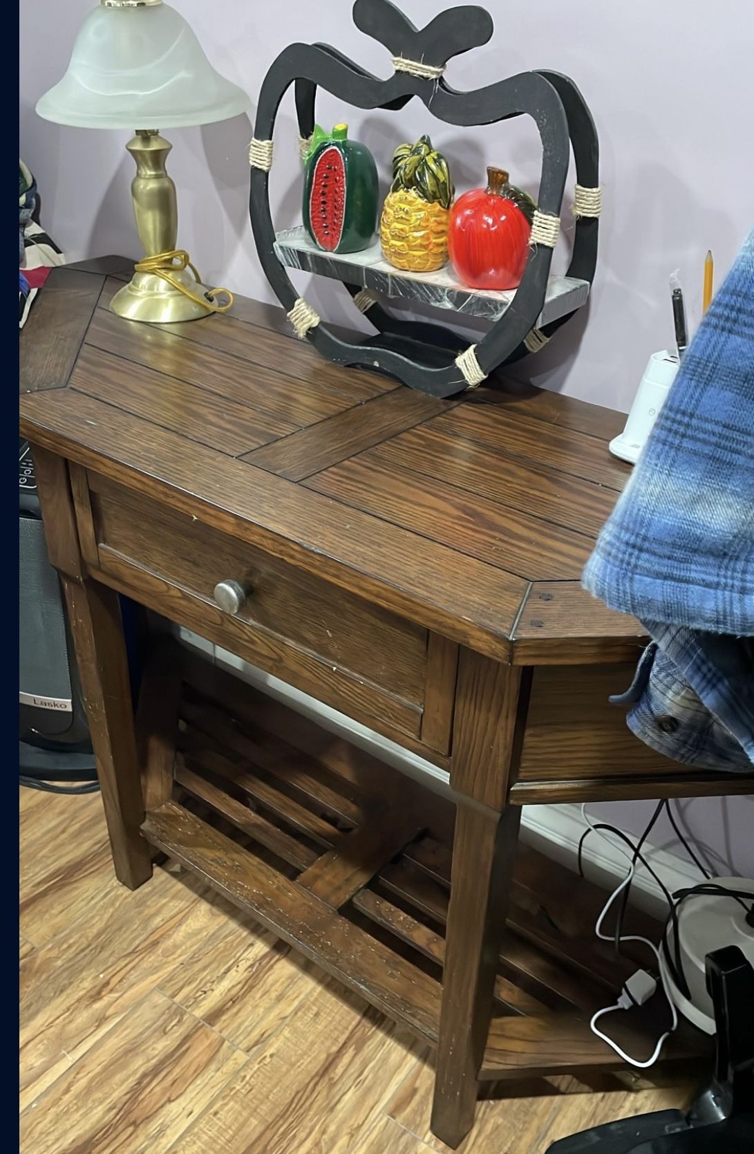 52” Long 17” Wide 29” High Half Hexagon Wall Table Wooden With One Drawer