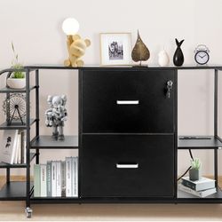 YORKING Lateral File Cabinet, 2 Drawer Mobile Filing Cabinet with Outlet, Open Storage Side Shelves, Locking Drawer Fits A4/Letter/Legal Size File Cab