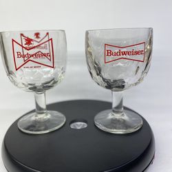 (2) Vintage BUDWEISER BEER GOBLETS. Red Bowtie Schooner Beer Glass Old Bud Logo in Excellent Condition. & Budweiser Footed Stem Heavy Barware Beer Gla