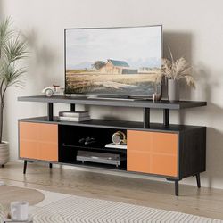 Leather TV Stand for TVs up to 65", Wood Entertainment Center with 2-Tier Open Shelves Storage, TV Consoles Table with Drawers, Living Room/Bedroom/Of