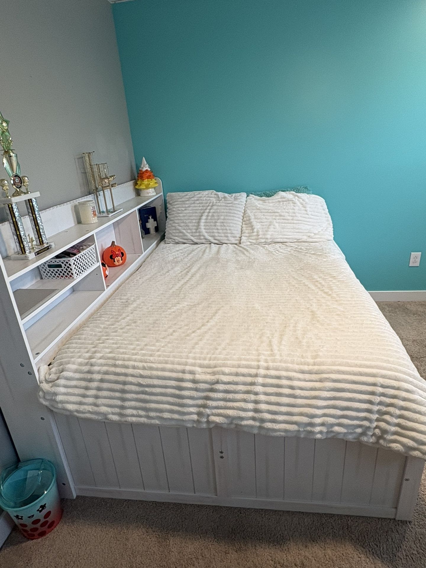 full size bed with drawers shelves and trundle on bottom
