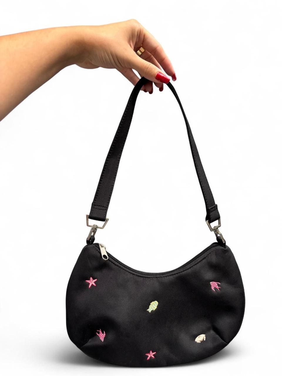 ✨TRENDY EMBROIDERED BEACHY MINI BLACK PURSE FISH STARFISH CRAB✨