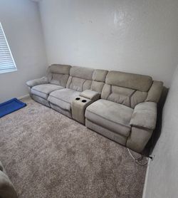 5pc Microfiber Sectional sofas light beige color Power recliner, and one manual.