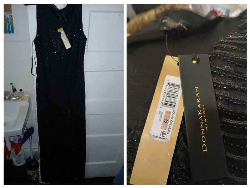 Black Floor Length Donna Karan Evening Gown. Fitted Gown With A Sequin Sparkle Finish. 