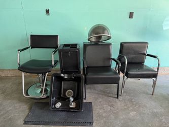 Beauty Salon Equipment – Black Salon Chairs (Hydraulic and Shampoo), Hair Dryer with Hood, Shampoo Sink, Utility Cart, & Salon Mat