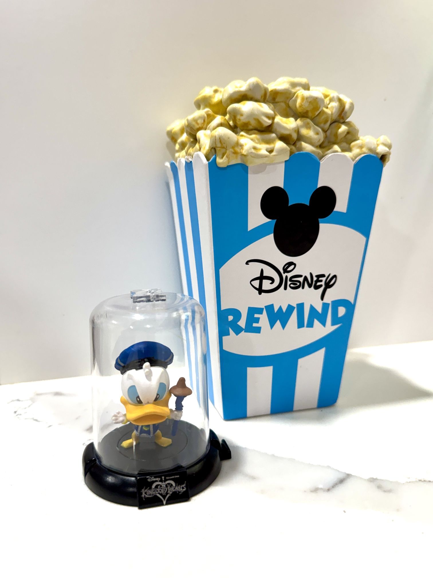 Disney Rewind Popcorn Bucket + Kingdom Hearts Donald Duck Figure Set