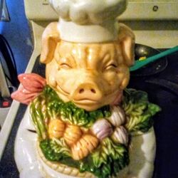 Beautiful Pig Cookie Jar Holding  Apples
