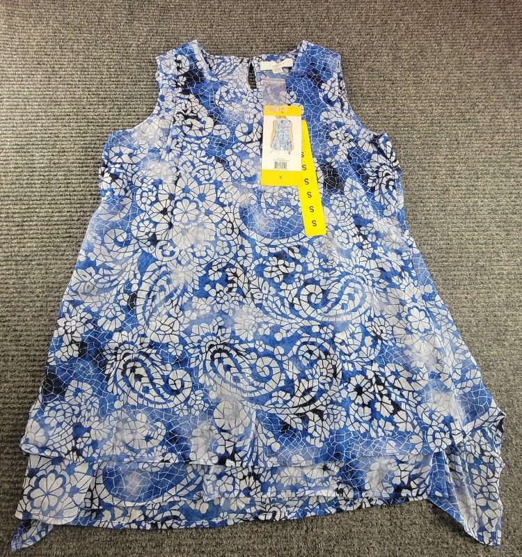Fever Top Womens Smal Blue Mosaic Blue Sleeveless Keyhole Back Tooth Hem Tunic