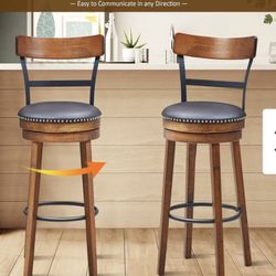 360-Degree Swivel Stools with Leather Padded Seat, Brown- Costway