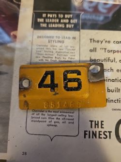 1946 License Plate Tag  Cadillac  Chevy  Deluxe 