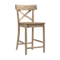 HomeStock Earthy Elegance 24" Counter Height Stool With X-Back Design And Solid Wooden Seat, Rustic Design Counter Height Stool, Natural Finish, 17" D