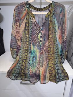 Sara Michelle Peacock & Reptile Print Sheer Chiffon Blouse (Fits M-L)