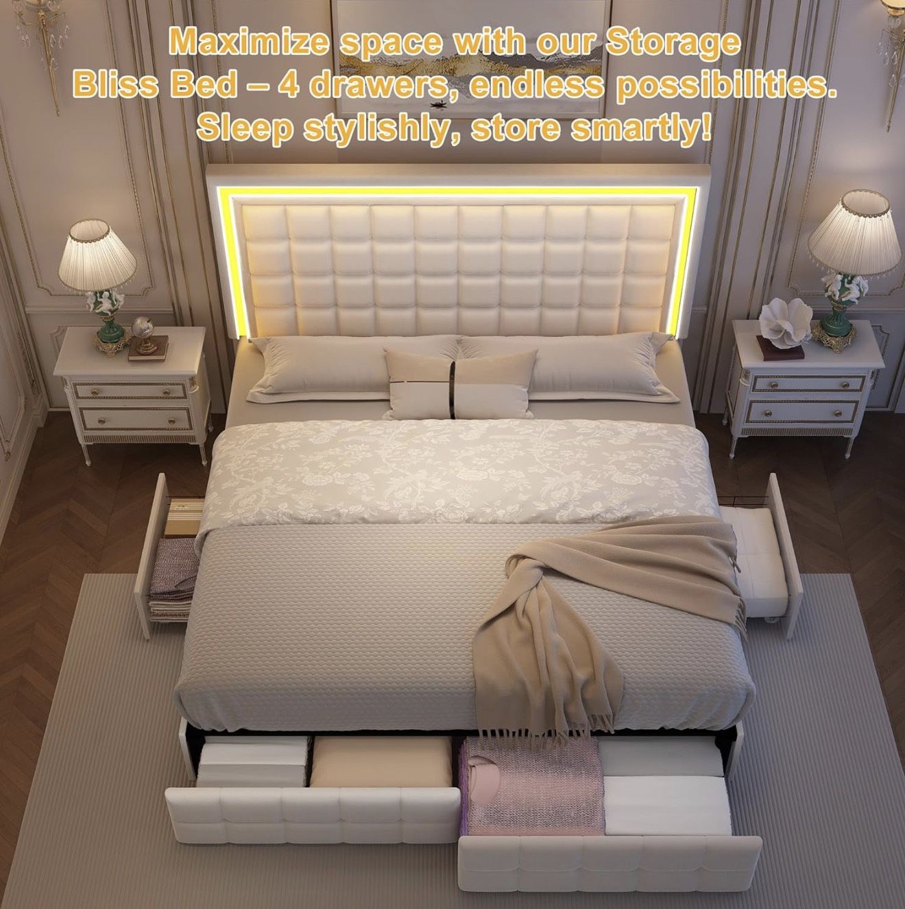 King Size Bed Frame with LED Lights & Storage Drawers