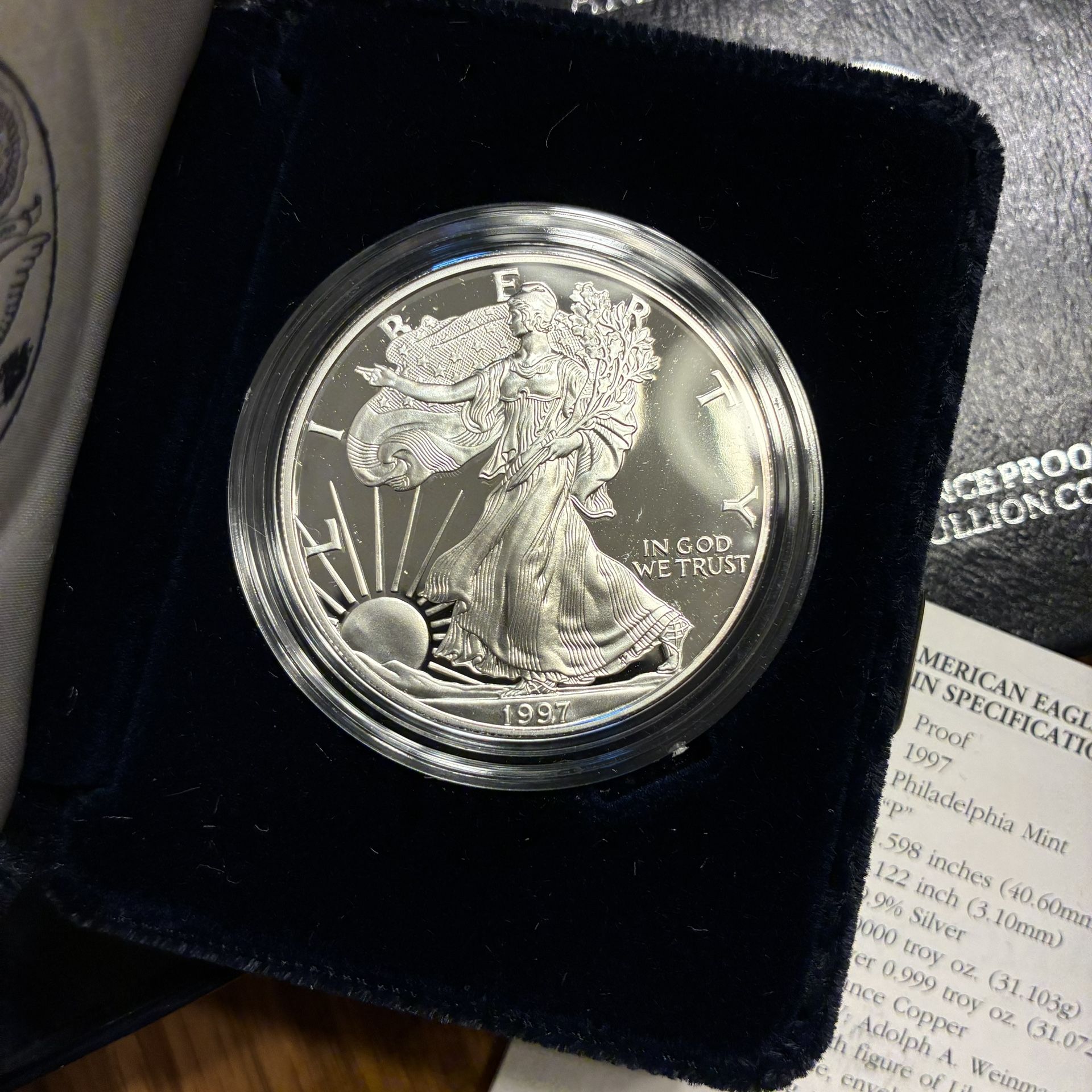 1997 Proof Silver American Eagle w/box &COA