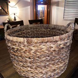Heavy Duty Woven Raffia Storage Basket W/Handles