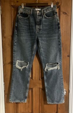 Topshop Woman’s Straight-Leg Distressed Blue Jeans