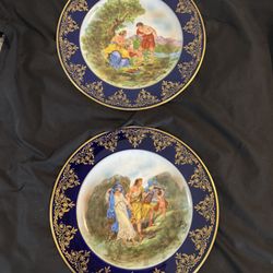 2 Czech Vintage Porcelain Cobalt Blue And Gold Portrait Muse 