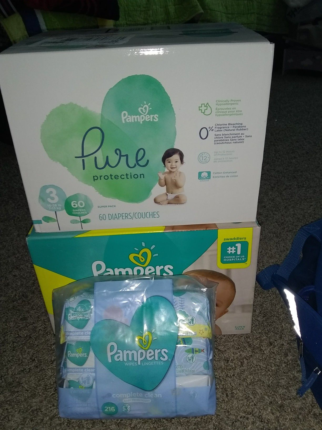 Pampers puré protection and Pampers swaddlers, wipes