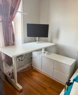 L-Shaped White Adjustable Height Desk with Filing Cabinets