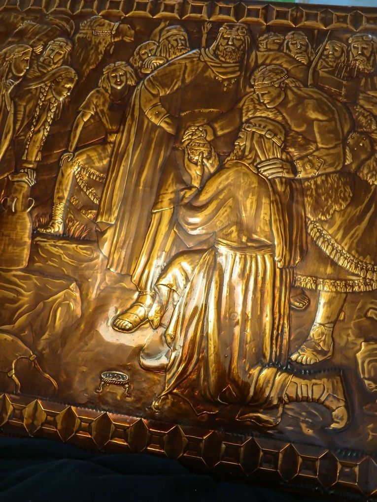 Copper Embossed Relief Of Religious Scene Signed