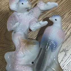 Vintage 1950's Bird Figurine, Blue and Pink Porcelain Bird Figurine