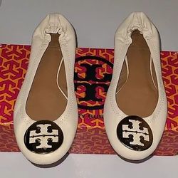 Tory Burch Designer Cream Reva Flats Leather Sz 6.5
