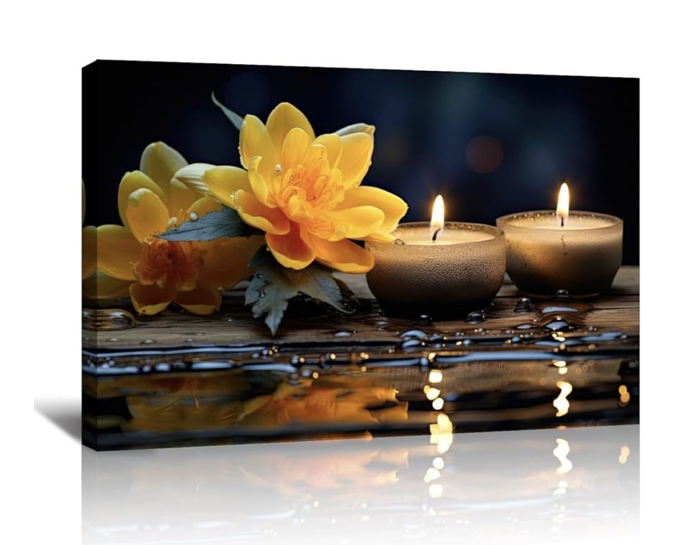 Zen-3, 30L" x 2OW" Zen Canvas Wall Art Yellow Lotus with Candles