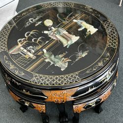 Chinese Black Lacquer Mother Of Pearl Round Nesting Coffee Table Set 4 Stools