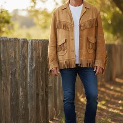 VTG Men’s Handmade Camel Brown Color Suede Fringed Leather Button Front Western Rustic Jacket
