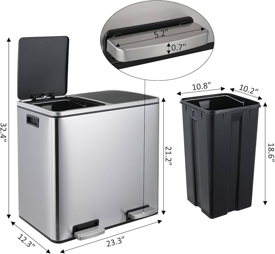 12 GallonStainless Steel Trash Can, 48L Dual Compartment, Metal Kitchen Step Recycle Bin, Metal Double Dustbin, in-Home Garbage Rubbish Can W/Removabl