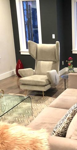 Modern High-Back Accent Chair | Neutral Upholstered Lounge Chair | Gold Legs