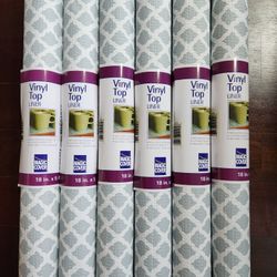 Magic Cover Vinyl Top Shelf Liner. Each roll measures 18" inches x 5' feet. NON-Adhesive & NON-Slip. Cushions & Protects. Washable & Stain Resistant.
