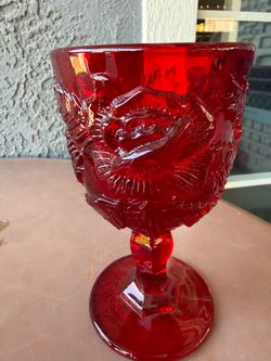 Madonna Inn wild rosa water Goblets set of 7 Red Pressed Glass Goblet with Rose Pattern