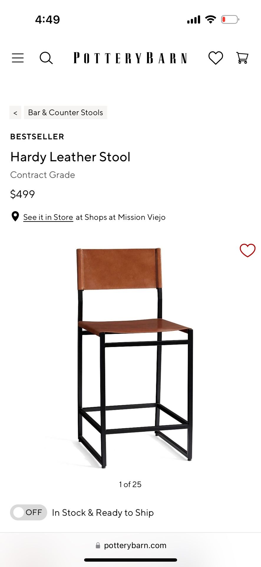 Pottery Barn- Hardy Leather Stool (barstool) 