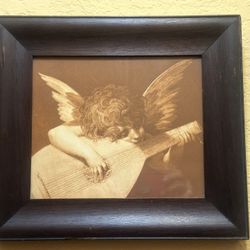 Vtg "Musical Angel" or "Cherub Playing a Lute" by Rosso Fiorentino Print in Solid Wood Frame