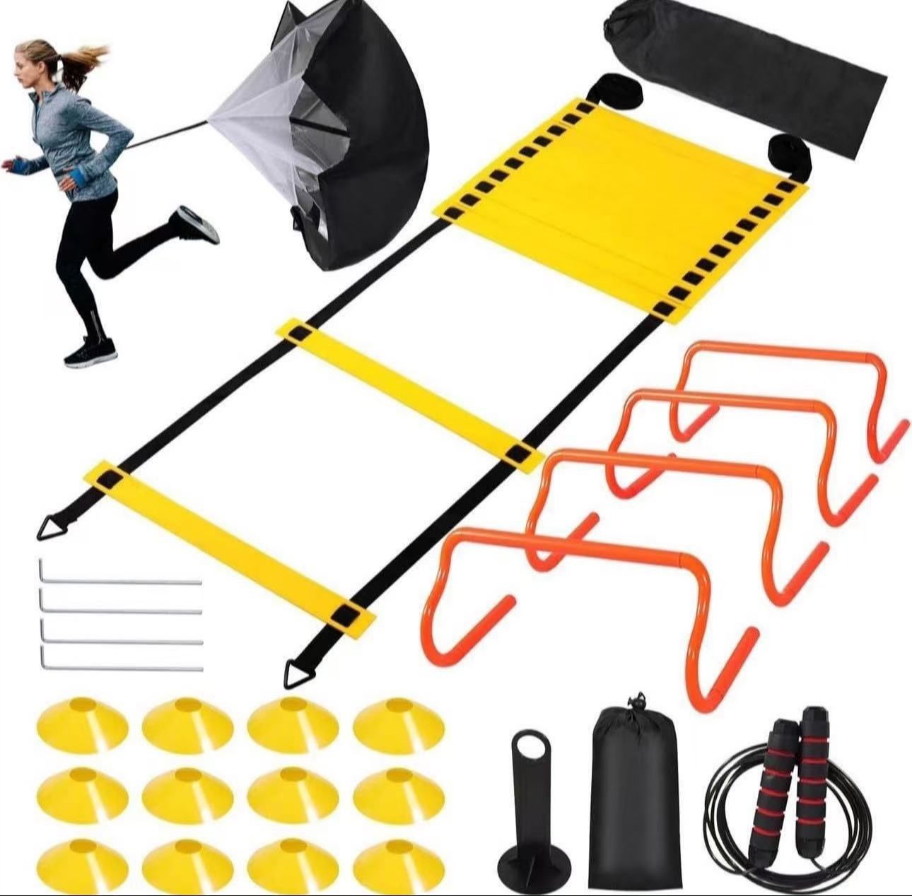 Agility Ladder Speed Training Equipment Set-20ft Agility Ladder,12 Soccer Cones,4 Hurdles, Jump Rope, Running Parachute| Basketball Football Soccer Tr