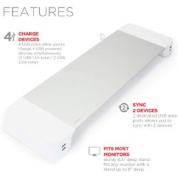 iHome Monitor Stand Riser with 4-port USB Hub - Silver / White