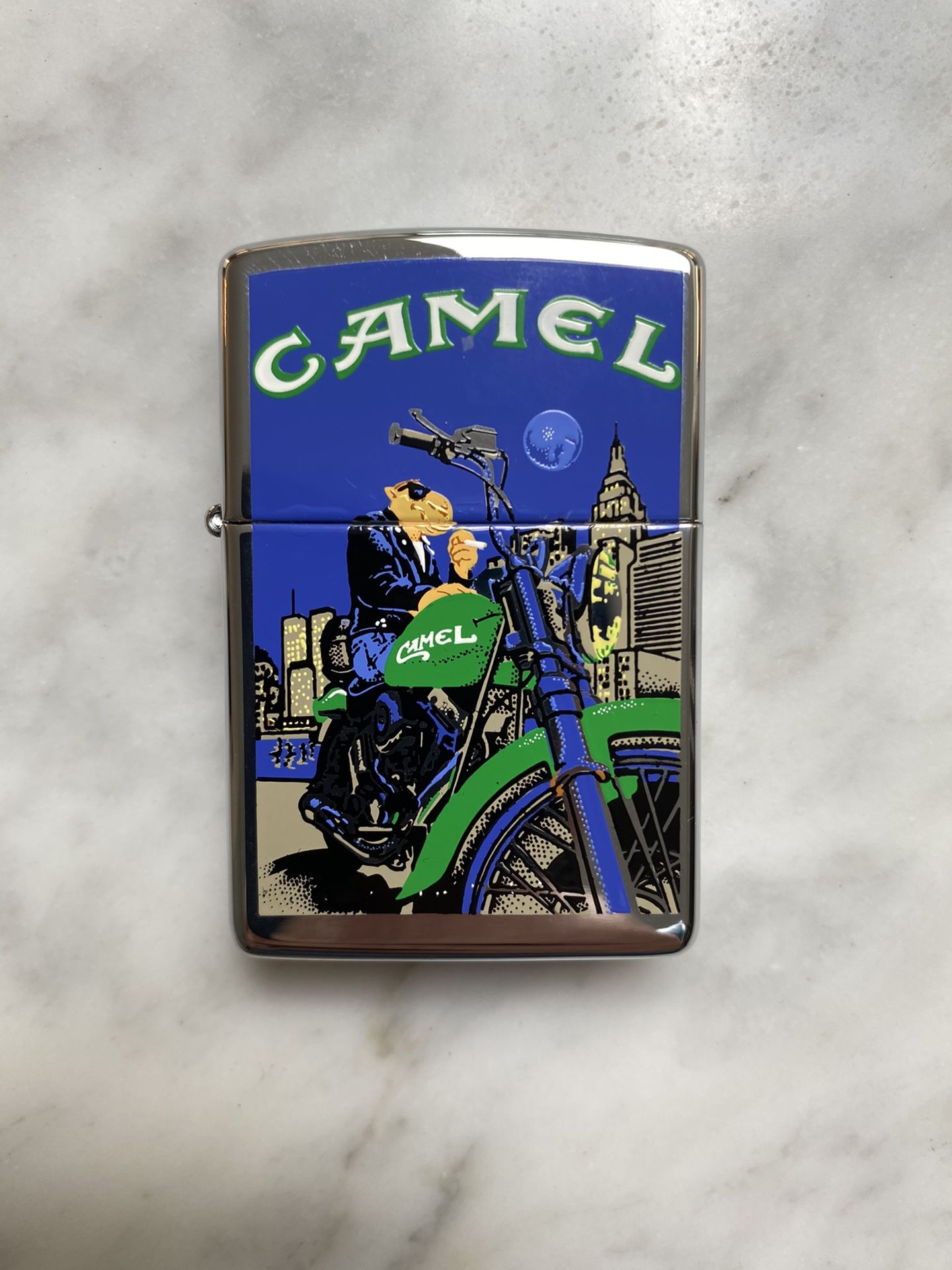 Vintage Retired Unstruck Zippo - 1997 Joe Camel Moon & Motorcycle Lighter NYC