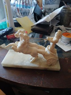 Vintage Alabaster Roman Soldier Chariot & Horse Sculpture Marble  Base