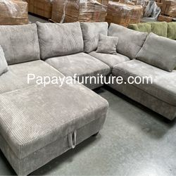 106” New Plush Gray Sectional, Sectional And Storage Ottoman, Sectionals, Sofa, Couch, Gray Couch, Grey Couch, Corduroy Sectional, USB Charger Sofa Di