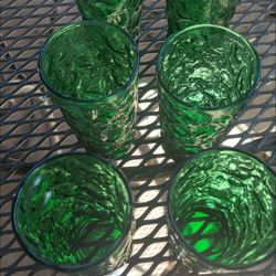 Vintage Anchor Hocking Crinkle forrest Green Glass, Lido Milano Glassware Collection Set of 6the