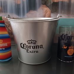 Vintage Corona Extra Beer Glass & Koozie Coolie Zip Cooler w/Bucket