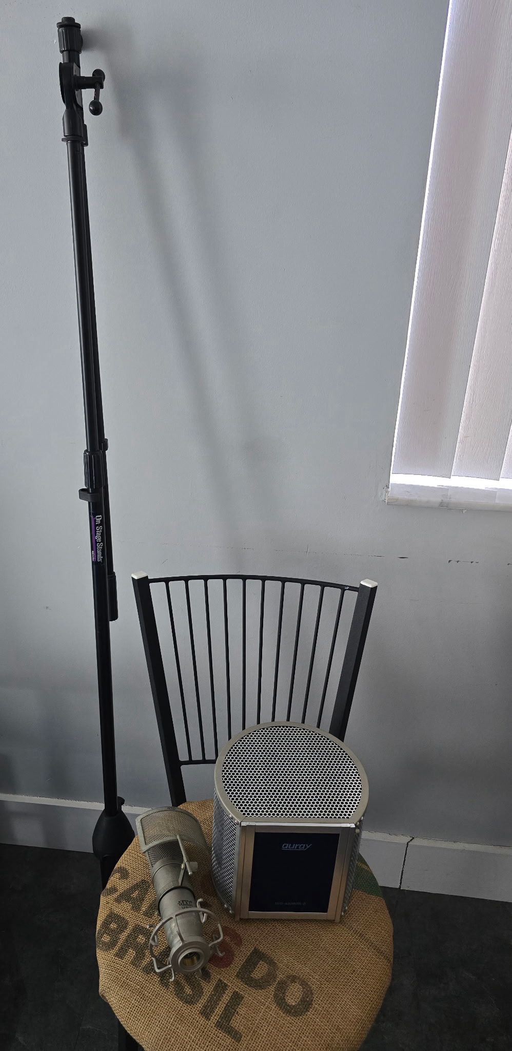 Microphone With Pot Filter, Microphone Stand, And Vocal Isolation Chamber