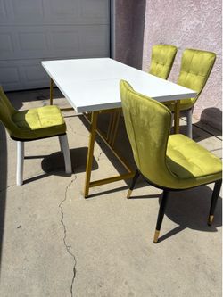 High-End Modern 6-Piece Dining Set – White Extendable Table + 4 Olive Velvet Chairs | Gold Frame